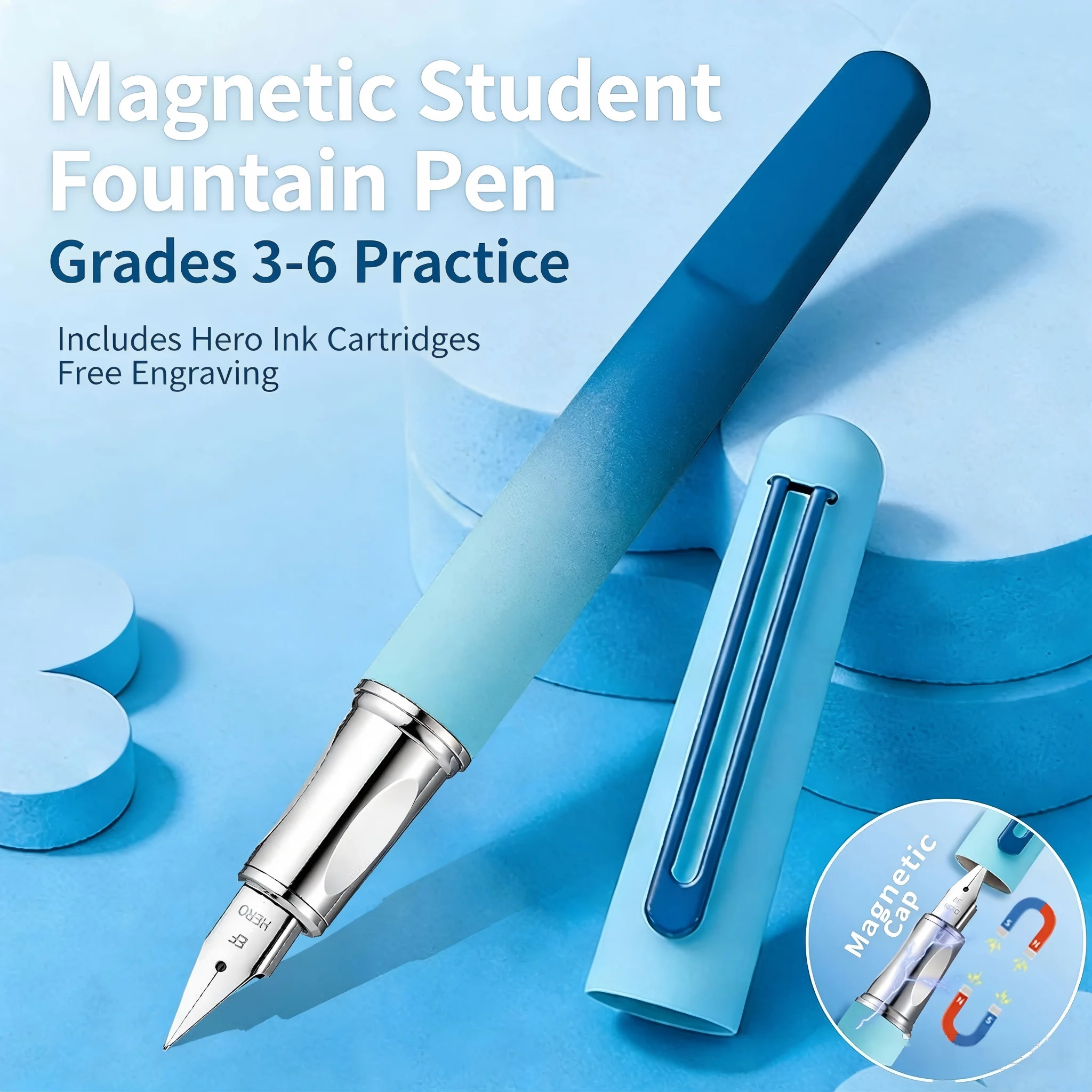 Hero 9338A Gradient Magnetic Metal Fountain Pen 0.38mm Iridium Gold Fine Nib Writing Pen with 10pcs Black Ink Cartridges Gift