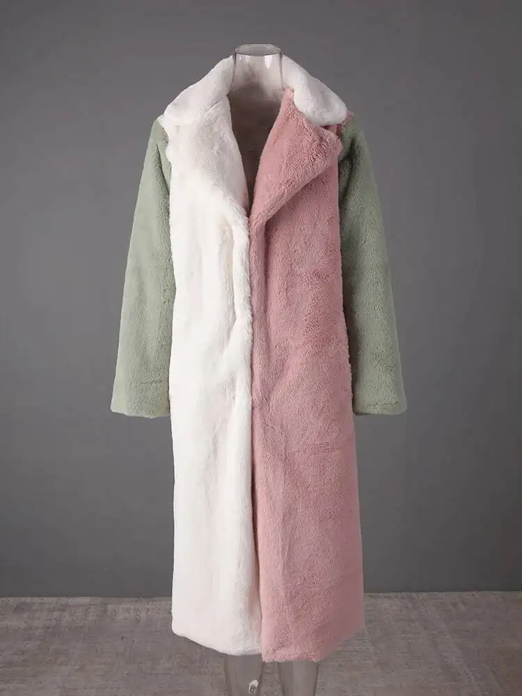 Fashion Contrast Color Faux Fur Coat Women's Lapel Loose Long Sleeves Plush Thick Overcoat Winte 7FEV view 5