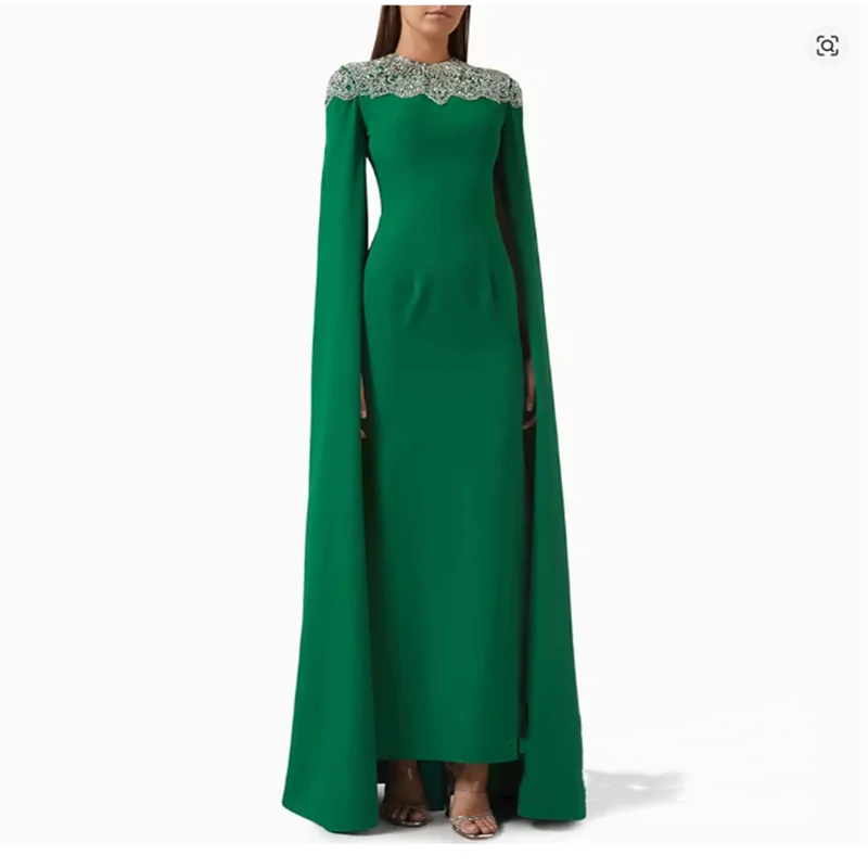 Robe de soirée élégante saoudienne pour mariages, personnalisée, col rond, manches Cape, perles, strass, longueur cheville, robe de soirée arabe