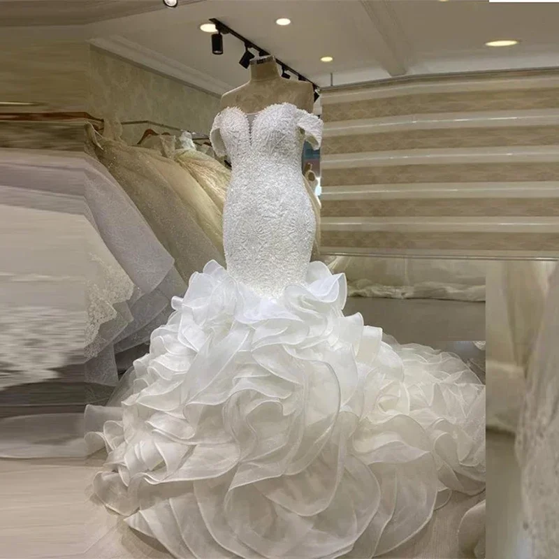 

Customized Sweetheart Lace Applique Mermaid Wedding Dress Off The Shoulder Robe De Mariée Organza Cascading Ruffles Bridal Gown