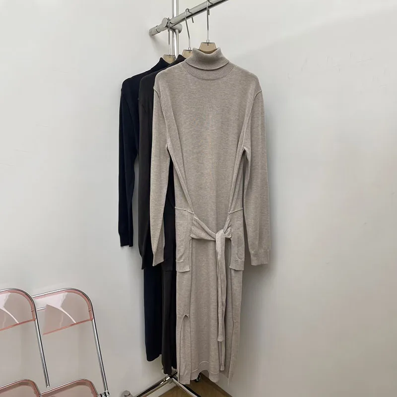 

Women's Knit Turtleneck Long-Sleeve Dress, Tie-Waist Mid-Length Split Skirt, Premium Quality Evening Gown, 2025, New Arrival