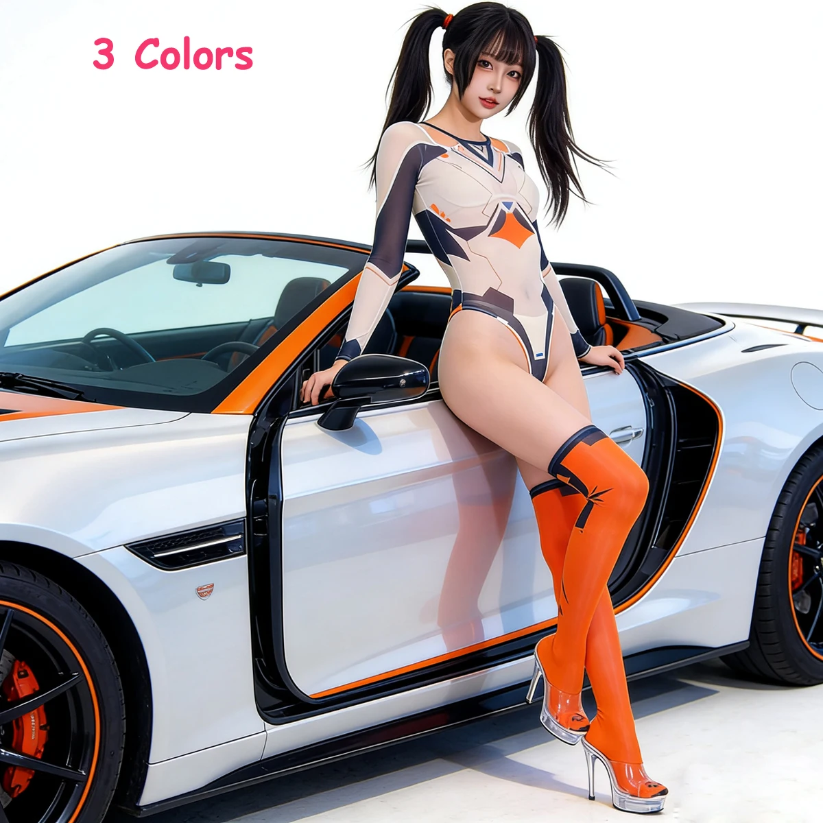 Women Sexy Two-piece Sets Ultrathin Transparent Printed Longsleeve Elastic Swimwear High Cut Bodysuit Leotards Stockings Cosplay