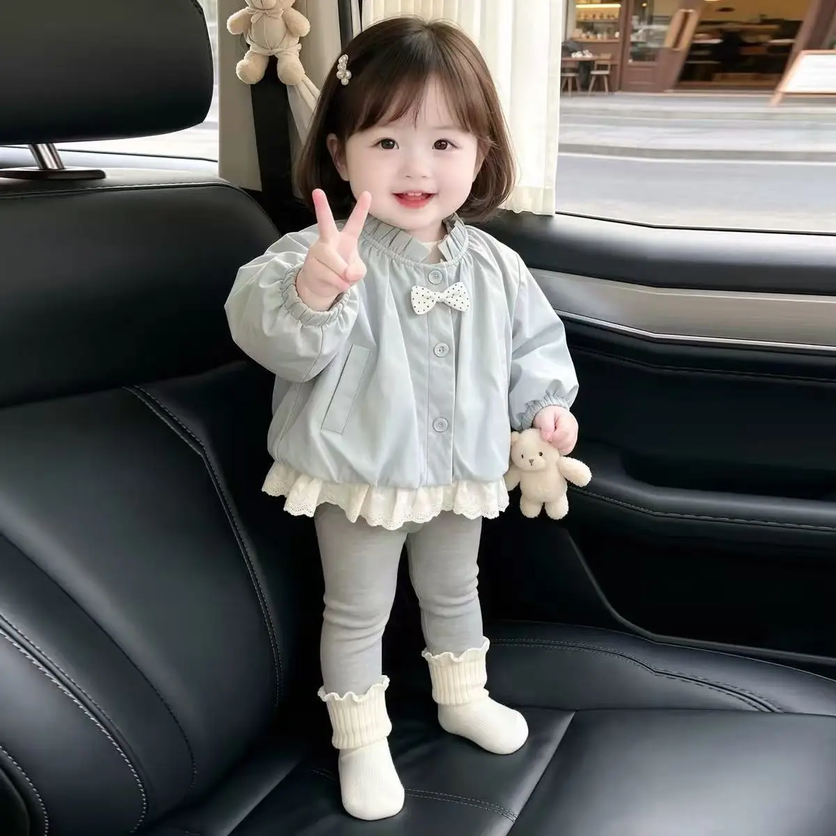 Spring Autumn New Baby Girl Stylish Trendy Girls Trench Coat Fall Lace Patchwork Lace Bubble Top Trendy