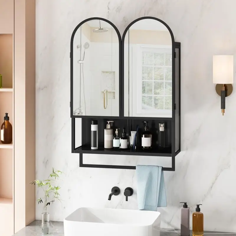 

Modern Double-Arched Mirror Cabinet with 2 Doors, Metal Wall Cabinet featuring Open Shelf and Towel Rack for Bathroom, Living