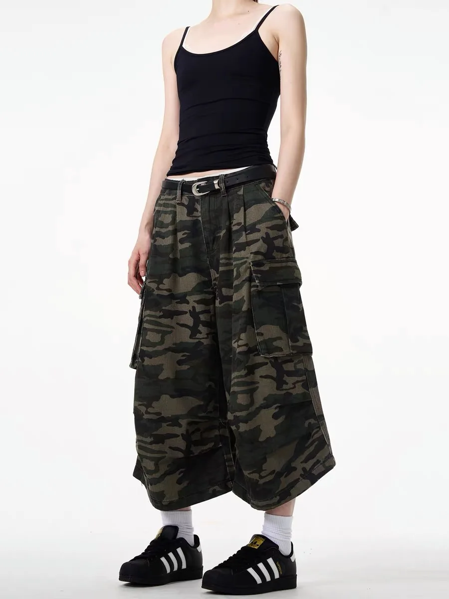 

plus Size Camouflage Work Pants Women's Original American Retro Loose Straight Leg ort Pants Trendy High Waist Denim Jeans