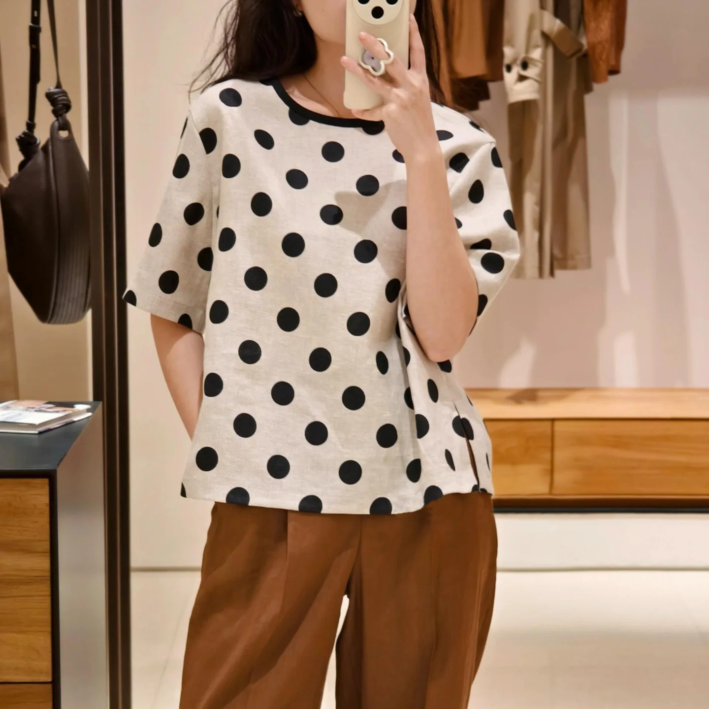 

Dot-printed suit linen short-sleeved top summer casual round-neck T-shirt retro dot skirt