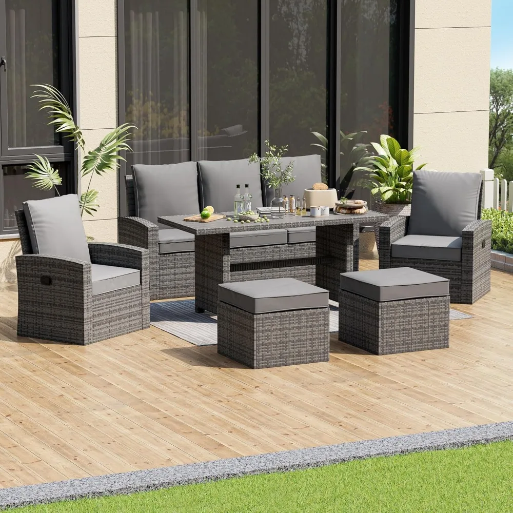 

6-Piece Wicker Patio Furniture Set with 3 Seater Deep Seating Bench 2 Recliner Chair,Dining Table & 2 Ottoman - Outdoor Conversa
