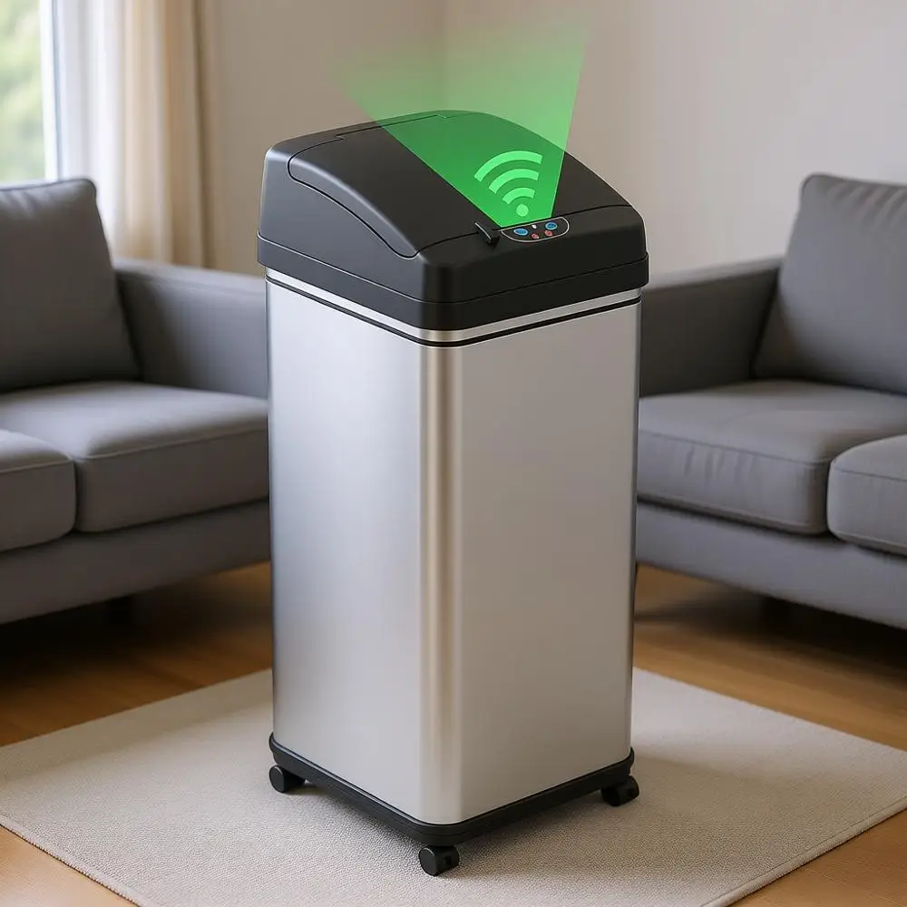 

Rolling 13 Gallon Sensor Kitchen Trash Can with Lid and Wheels, Odor Filter, Stainless Steel, Automatic Kitchen Trashcan Garbage