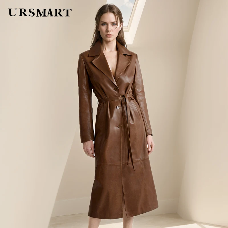 Long Length Leather Windbreaker Coat for Women Waist-Cinching Fashion Trendy High-Quality Stylish women’s outerwear