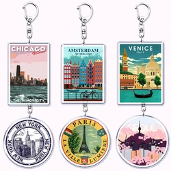 Travel Cites Keychains for Accessories Bag Paris Amsterdam London Tokyo Seoul New York Italy Berlin Keyrings Jewelry City Gifts