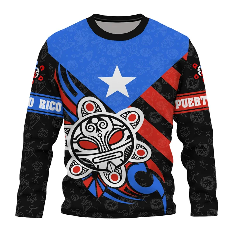Puerto Rico Flag Graphic T-Shirt For Men 3D Printed Puertorrican Long Sleeve T Shirt Sports Crew Neck Oversized Street Tees