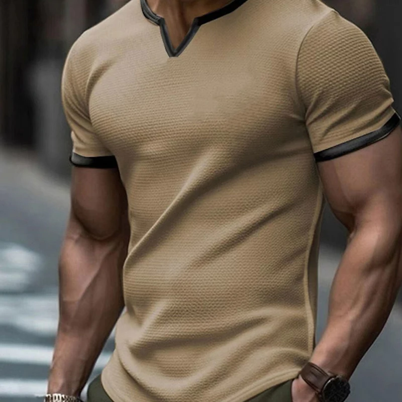 T-shirt à Manches Courtes et Col en V pour Homme, Vêtement Décontracté en Patchwork, Couleur Unie, Style Gaufré, pour Loisirs, Printemps et Été,