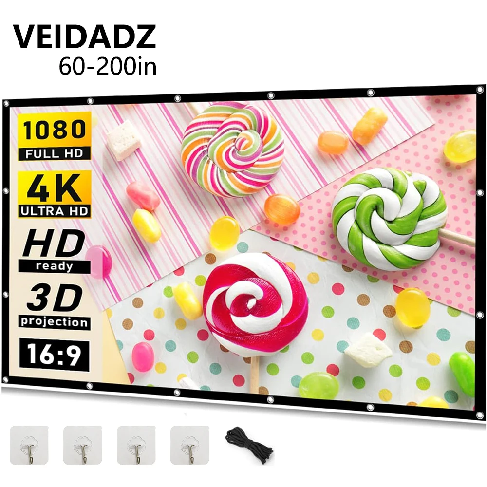 

VEIDADZ Projector Screen White Less Creases 60-200 inch Soft High Density Portable Foldable Projection Screen for Outdoor Movie