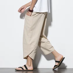 2024 letnie męskie spodnie haremowe w stylu chińskim bawełniane lniane spodnie męskie Streetwear oddychające spodnie plażowe męskie spodnie na co dzień do łydki