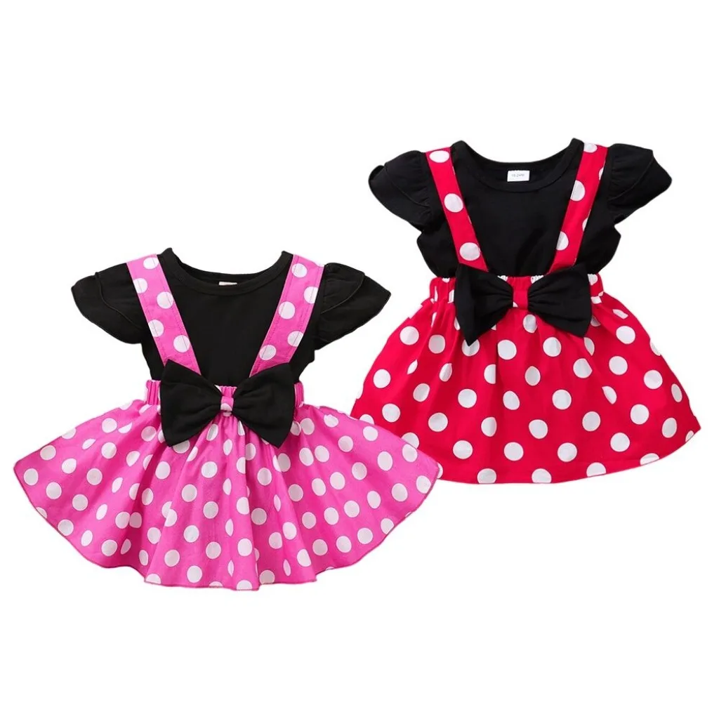 2PCS Summer Toddler Girls Cute Dress Set Short Sleeve Black T-shirt+Polka Dot Suspender Skirt Party Wear for Kid Girls 1-5 Years