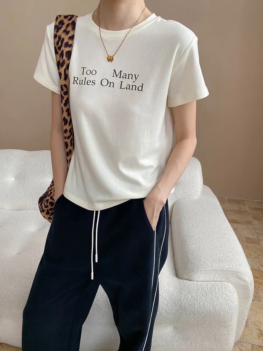 

2025 Fashion Simple Letter Straight Shoulder Slim Short Sleeve T-shirt