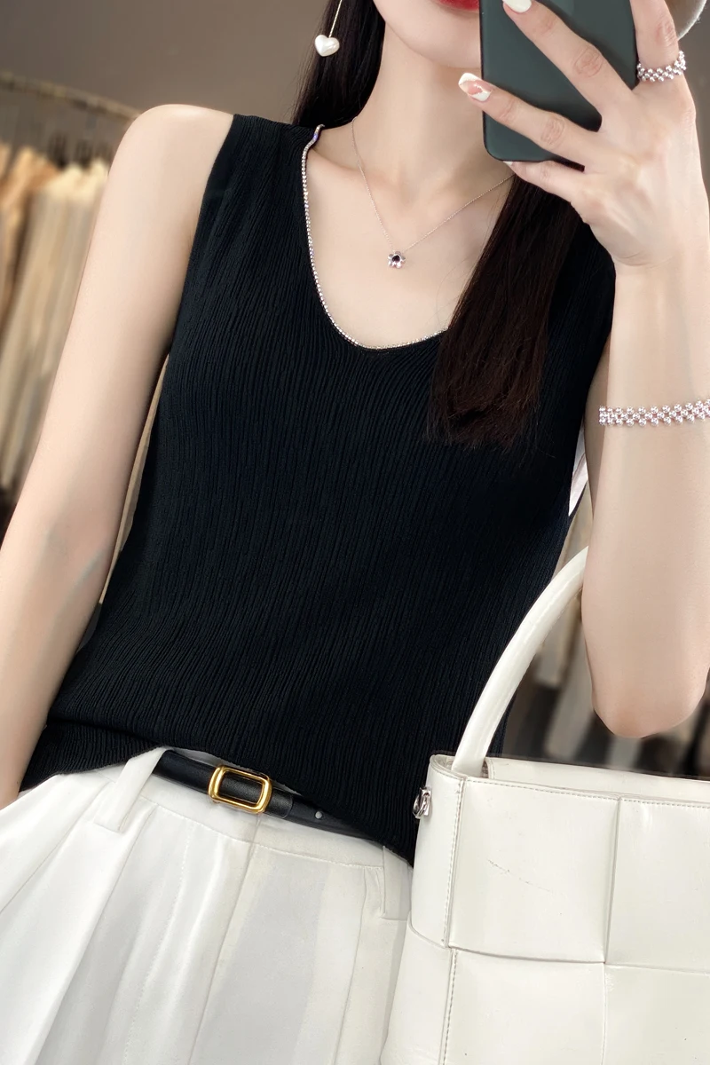 

Tencel Vest with Bottoming Shirt for Women, Threaded Slim Sleeveless Top, Thin Sling, Casual Fashion, New, Summer, 2023