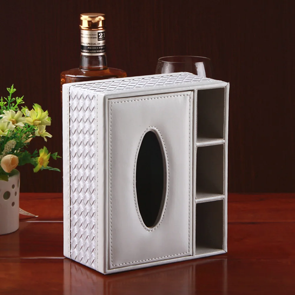 

Multifunction Tissue Box Desktop Organizer Pens Holder Sundries Container for Home Office (White Woven Pattern)