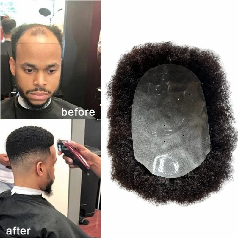 Hair Units For Black Men Hair Replacement System Thin PU Afro Toupee For African American Men European Human Hair Kinky Curly