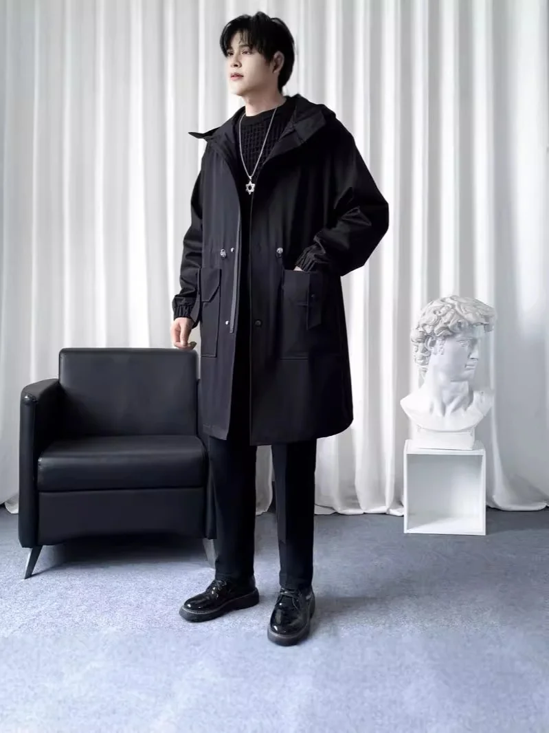 Abrigo Trench para Hombre, Chaqueta Vaquera de Corte Recto, Estilo Japonés, Degradado Azul Desgastado, Parches Harajuku, Unisex, para Bailar