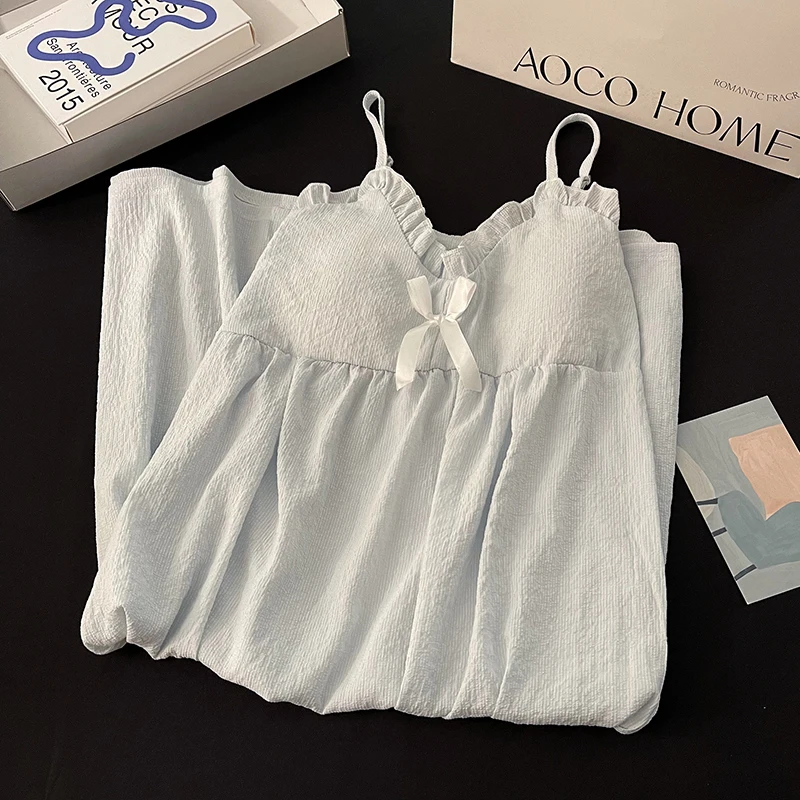 

2025 Summer New Sle Pure Cotton Blue Princ Home Clothes Spwear with Chest Pad Strap Nightgown Sweet Home Suit