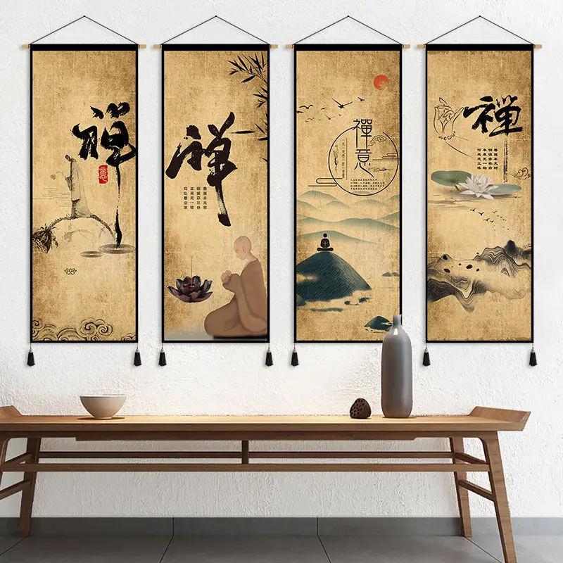 Zen Retro Chinese Fabric Art Hanging Painting Living Tea Room Background Fabric Wall Decoration Painting Bedroom Study Tapestry