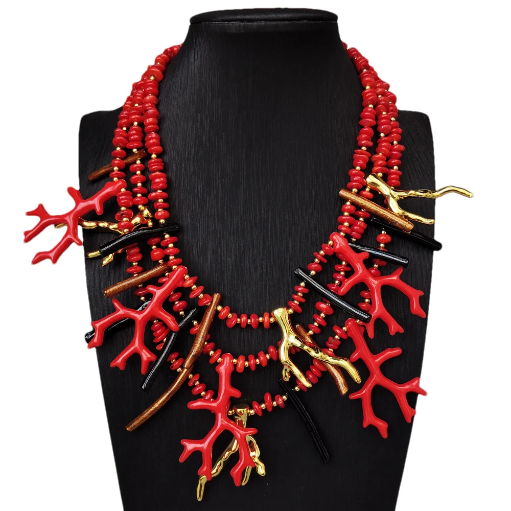 

Ожерелье Y·YING из трех нитей с кусочками красного коралла и черно-золотыми коралловыми веточками, богемное украшение, модный аксессуар для женщин
