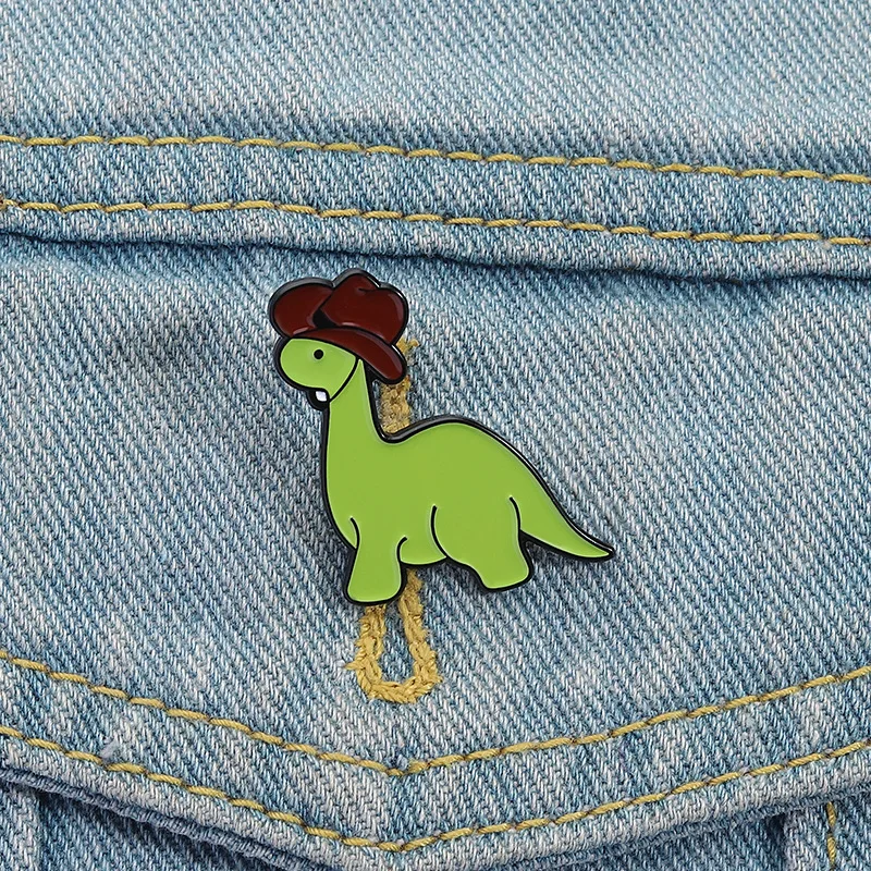 Cowboy Dinosaur Enamel Pin Brooch Green Brontosaurus with Cowboy Hat Lapel Badge for Backpack Clothing Jewelry
