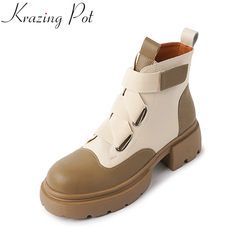 

Krazing Pot Cow Leather High Heels Slip on Platform Chelsea Motorcycles Boots Mixed Colors Winter Shoes Patchwork Ankle Boots