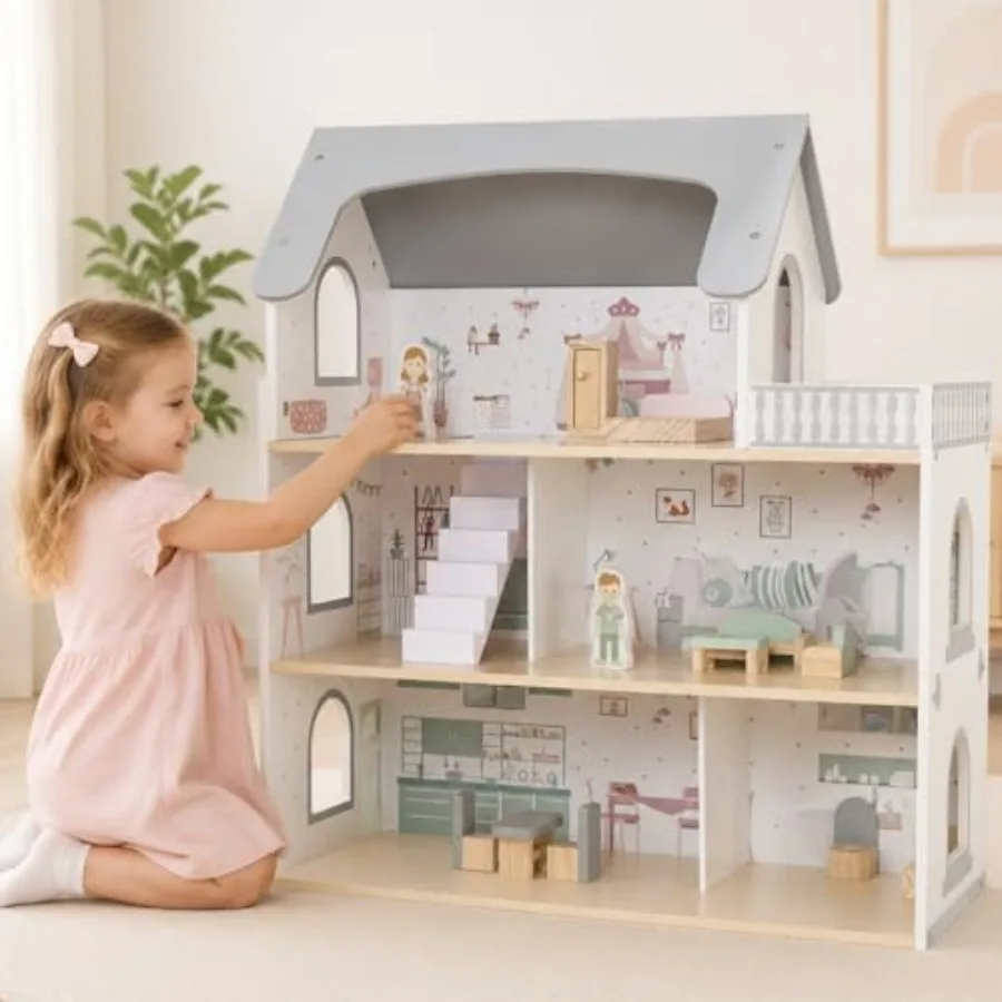 

Wooden Dream Playhouse for Girls with Balcony, Doll House for with Furniture, DIY Pretend Play House Toy, Dollhouses Toys with