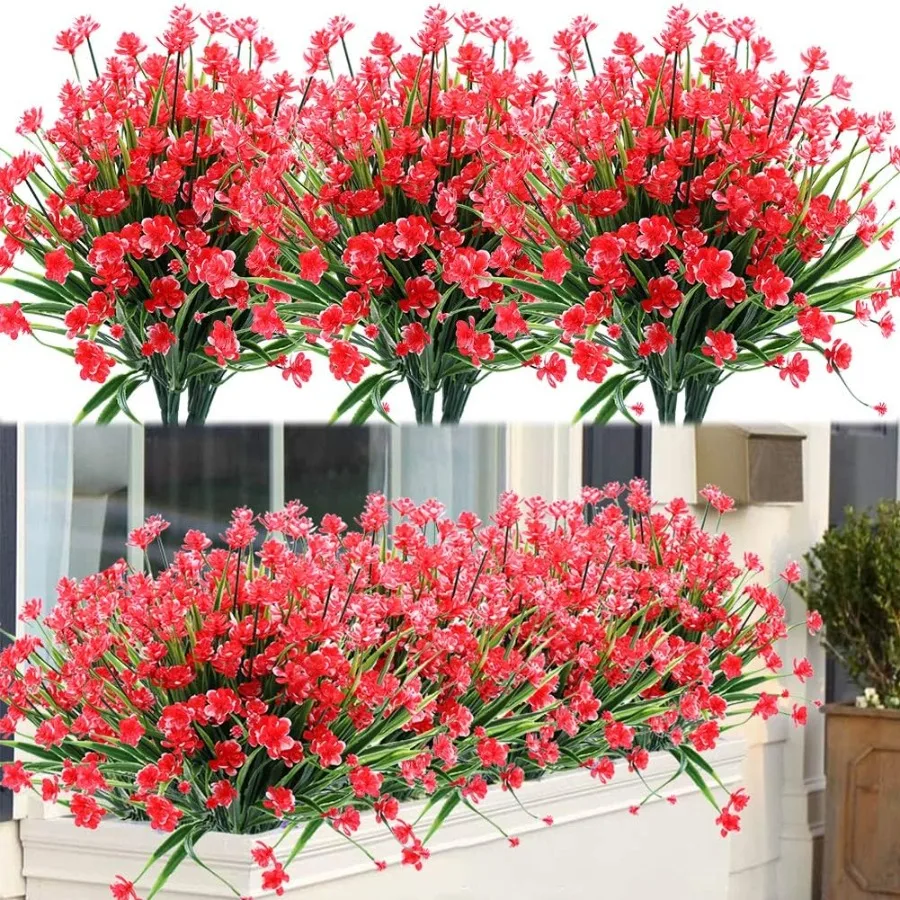 

8 Bundles Outdoor Artificial Fake Flowers UV Resistant Shrubs Plants Faux Plastic Greenery for Indoor Outside Hanging Plants Ga