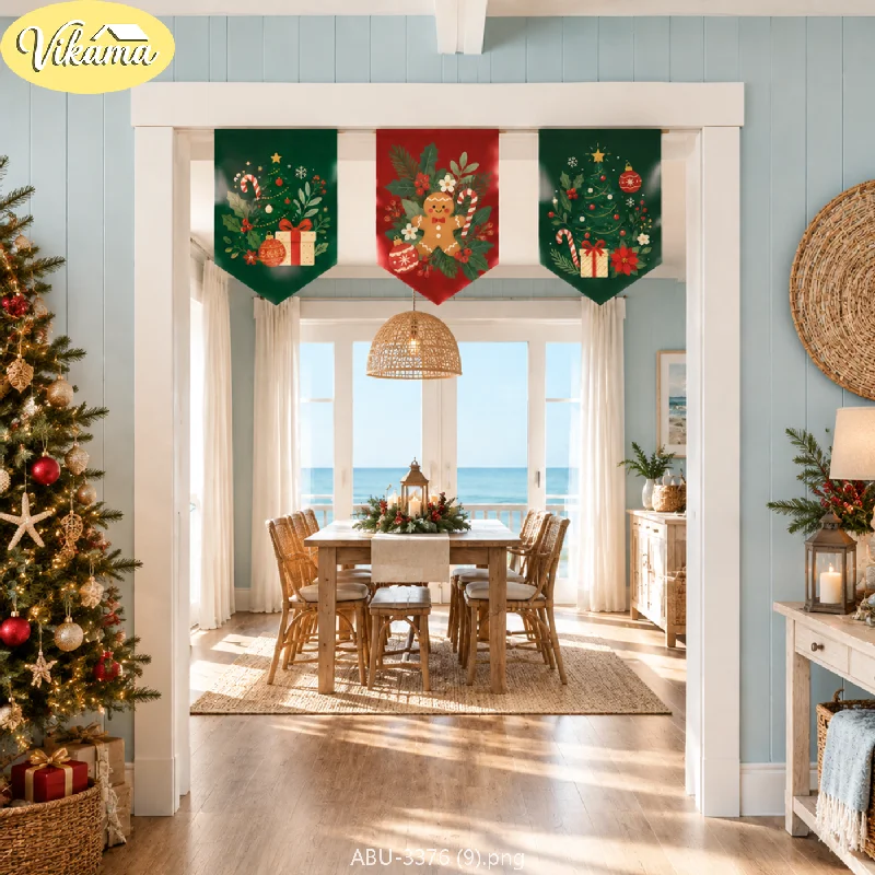 VIKAMA Christmas Gingerbread Man Pennant Flag Set Pine Candy Cane Present Flower Scarlet Emerald Doorway Hanging Kitchen Dining