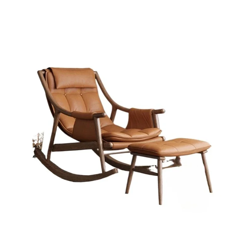 

Solid wood leather rocking chair Adult recliner Home leisure balcony Black walnut sofa Xiao rocking chair