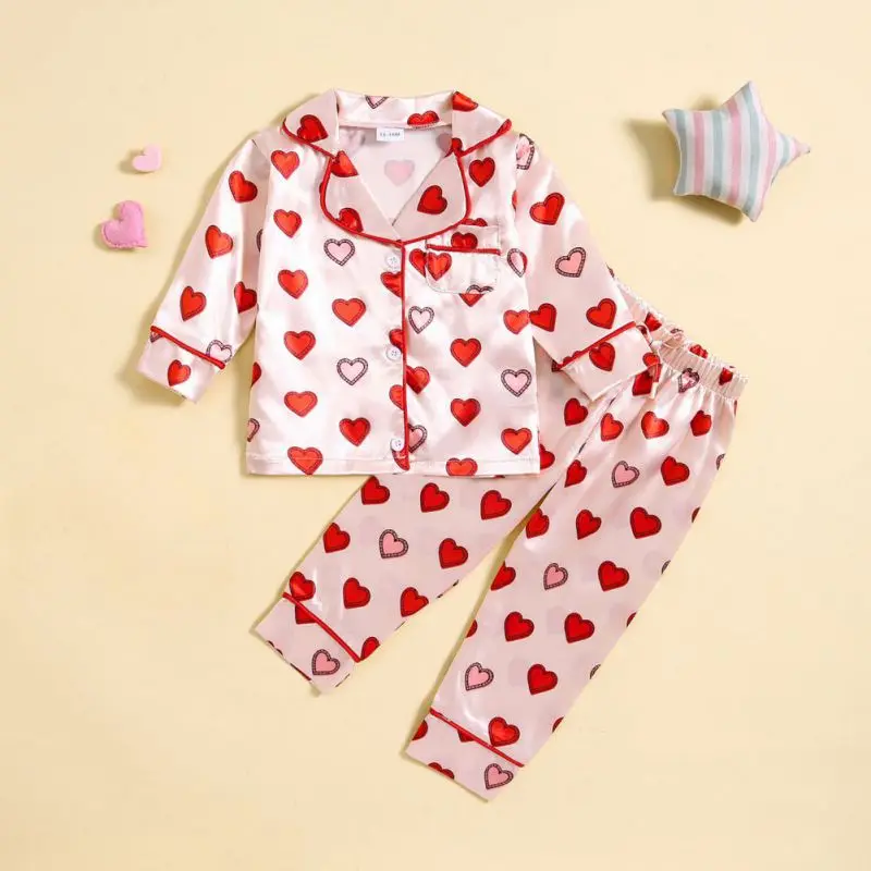 2 Stücke Kinder Satin Seide Nachtwäsche Anzug Kleinkind Mädchen Faux Seide Nachtwäsche Langarm Top + Hose Kind Mode Pyjama Pjs Valentine
