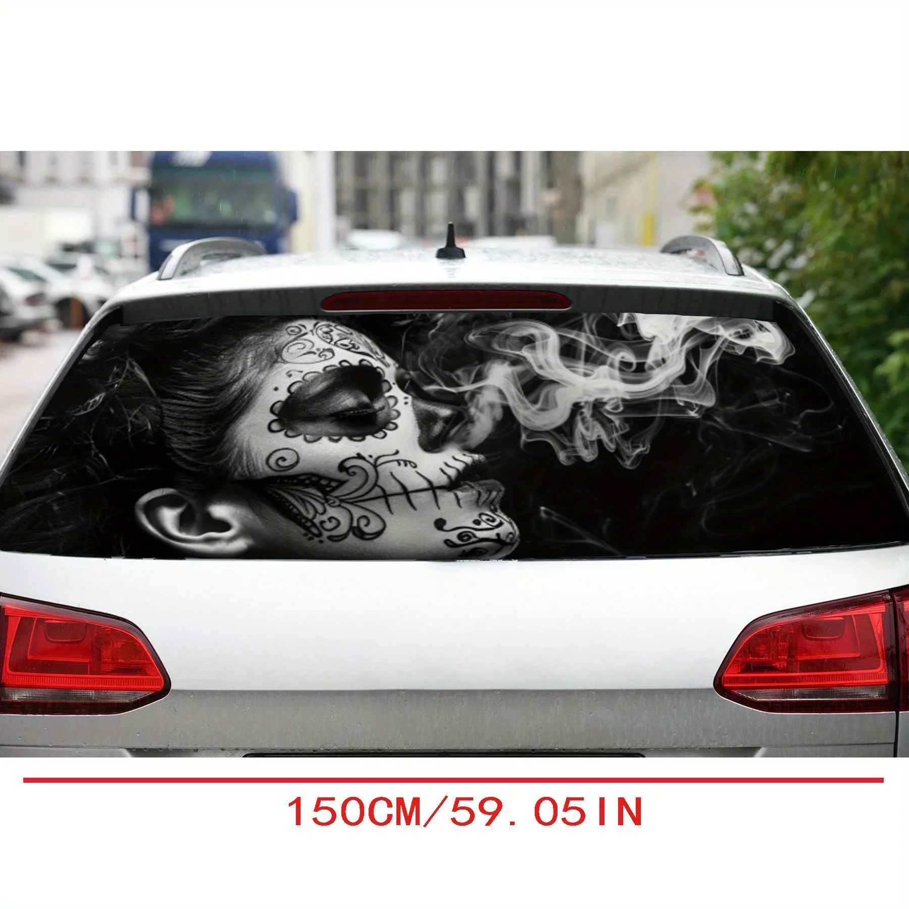Skull Makeup Girl Smoking PVC Perforated Car Vinyl Wraps, Durable Car Rear Windshield Sticker, Waterproof Car Rear Window Decal,
