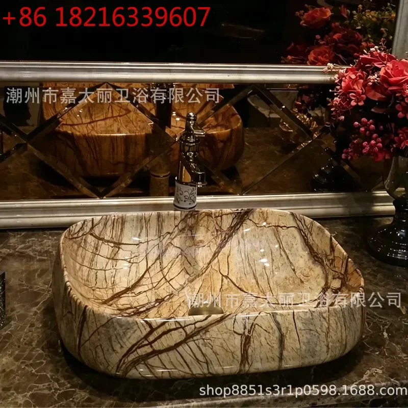 YAO High Temperature Electroplated Gold Ceramic Wash Basin Art Oval Sink with Golden Flower Pattern Bathroom Lavatory