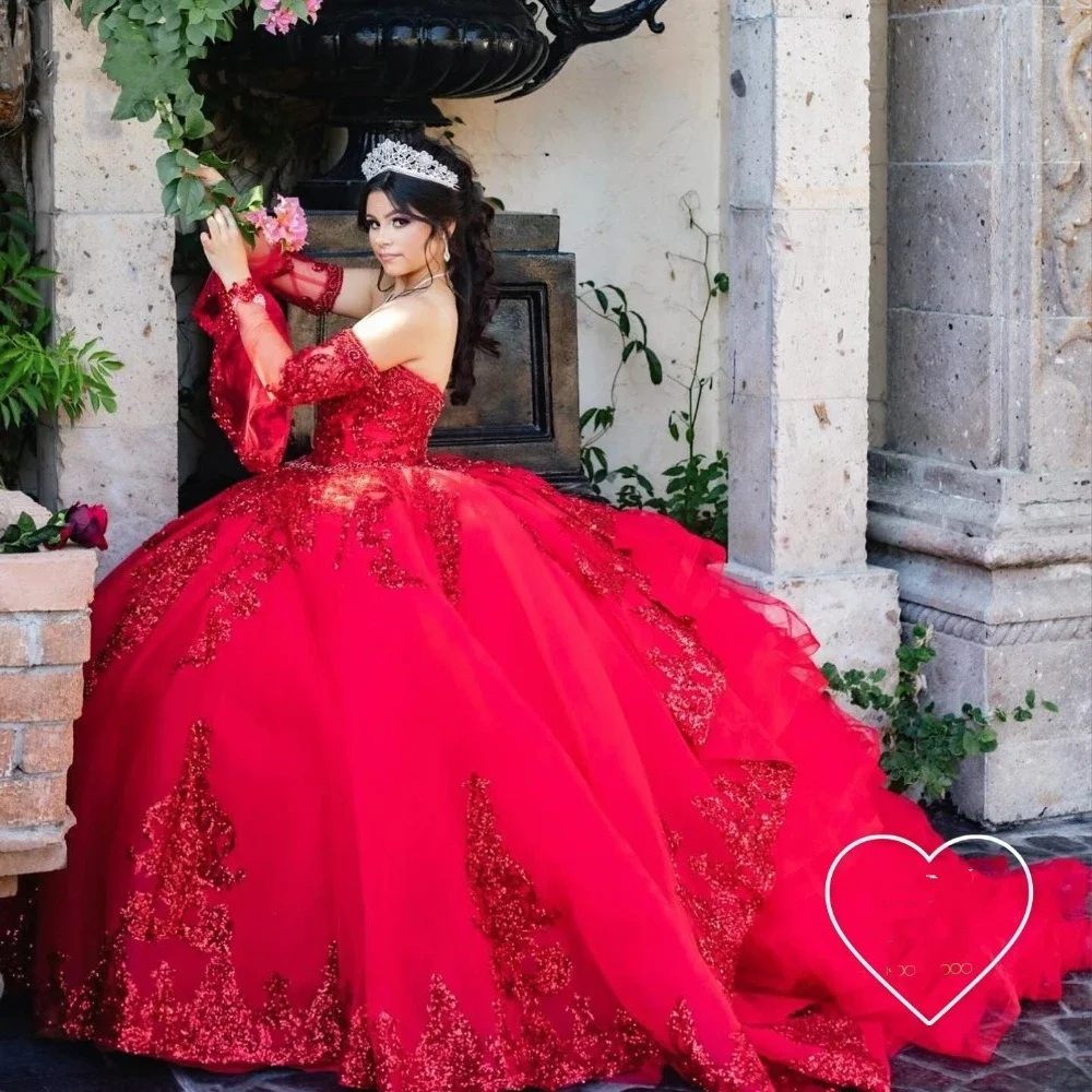 Angelsbridep Maßgeschneidertes rotes Tüll-Ballkleid Quinceanera-Kleider Vestidos 15 Años Quinceañera Schulterfreies Partykleid mit Pailletten