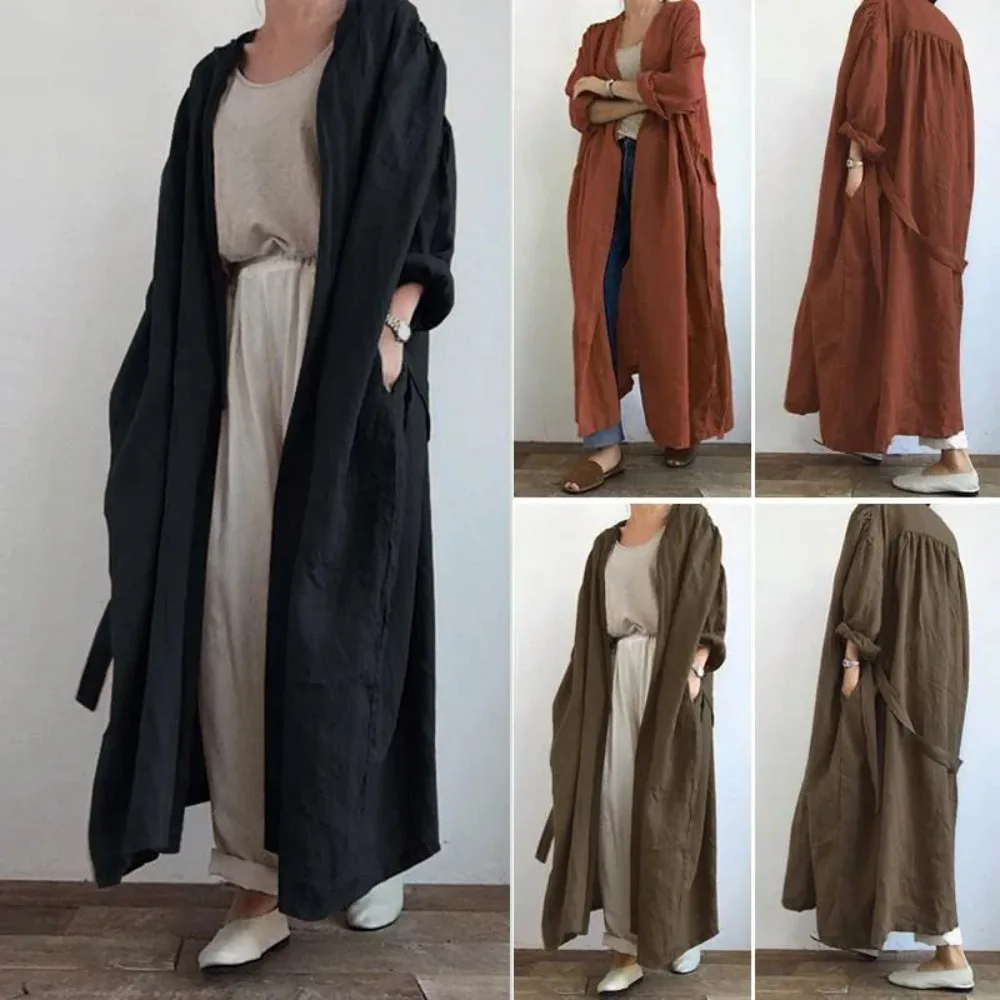 

Fashion Women Long Sleeve Open Front Cotton Linen Coat Blouse Vintage Long Cardigan Autumn Solid Shirt Loose Tunic Top Lace Up