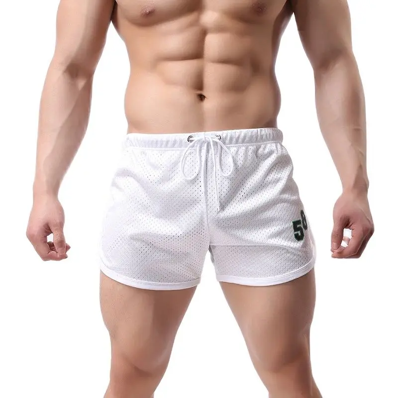 Mens Running Shorts Fitness Bodybuilding Double Layer Mesh Hollow Sexy Sweatpants Sport Gym Jogging Workout Short Pants