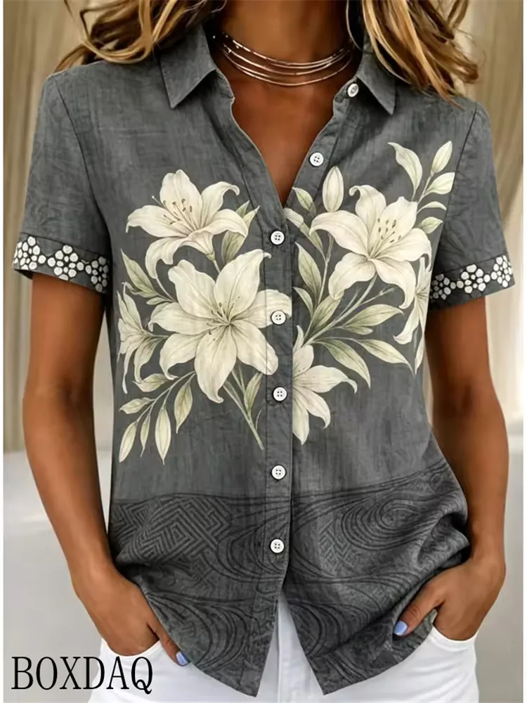 Summer Women's Blouse Loose Button Short Sleeved Lapel Gradient Floral Pattern Printed Casual Shirts