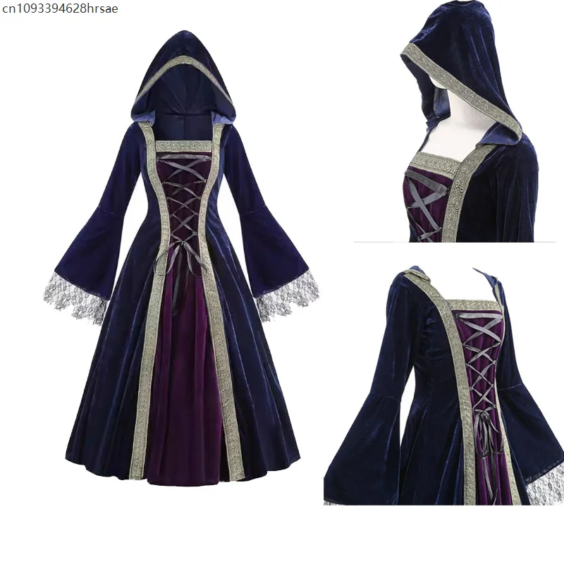 

Plus Size Women Medieval Celtic Princess Hooded Cosplay Dress Adults Witch Halloween Costume Vintage Renaissance Party Outfit