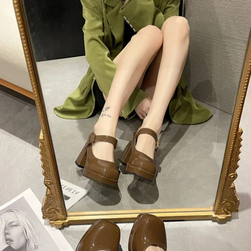 Lady Mary Jane Shoes 2024 New Square Toe Platform Women High Heels Big Size 35-44 Women\'s Chunky Heels Non-slip Pumps