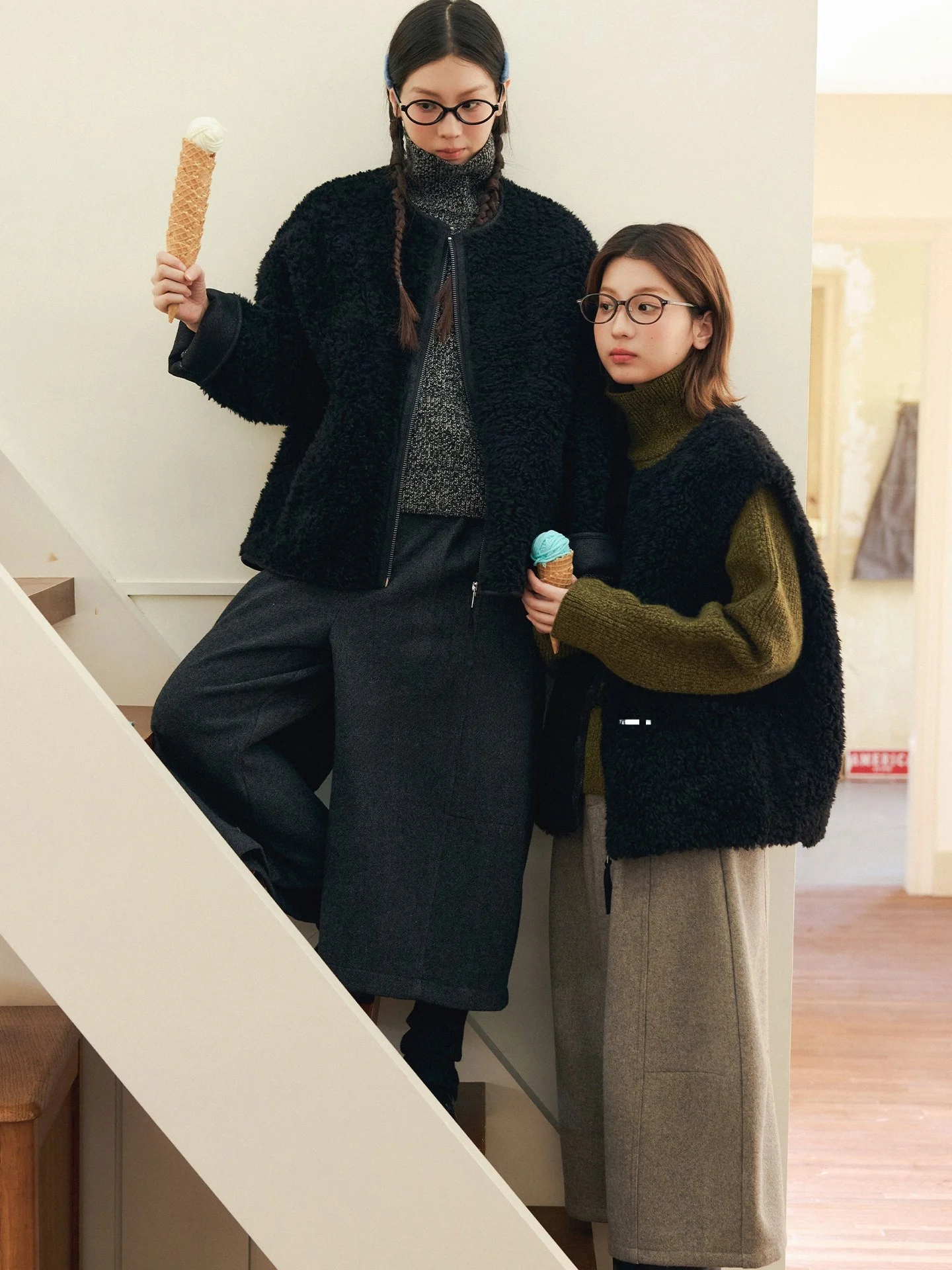 

Moutain Fog Colored S down Jaet with Wool Zipper Layered Vest Women's Retro Sle Thiened Long Sve Coat