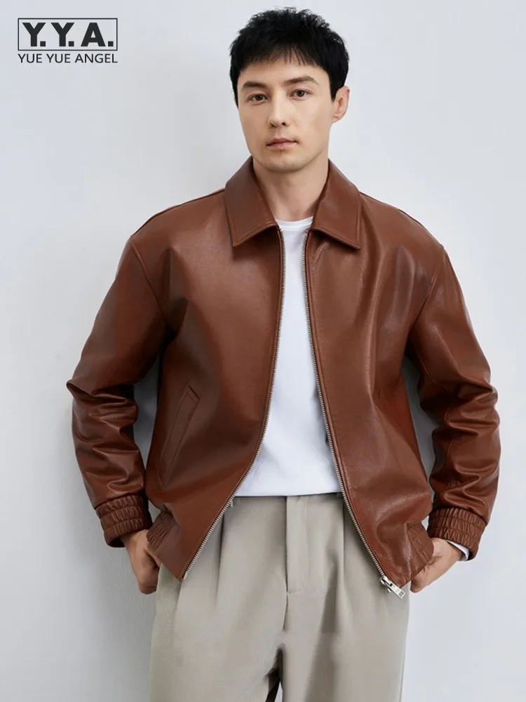 Casual Mens Loose Fit Turn Down Collar Zipper Cowhide Genuine Leather Jacket Motorcycle Short Coat Designer Street Cargo Jacket