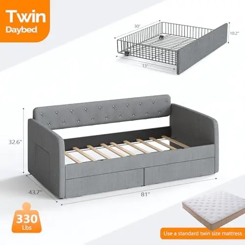 Twin Size Daybed with 2 Storage Drawers and Pockets, Chenille Fabric with Diamond Buttons, Upholstered Comfy Sleeper