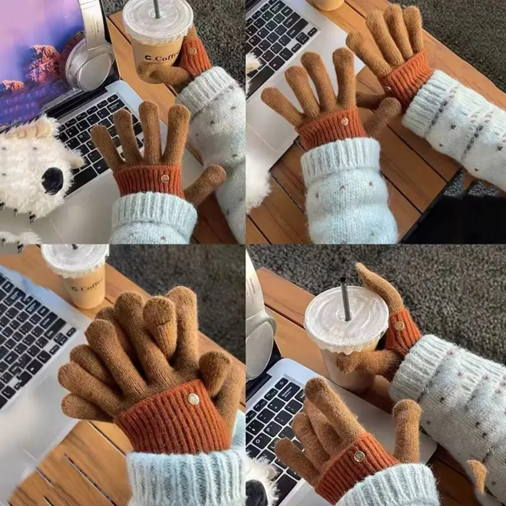 Warm Color Blocked Knitted Gloves Open-Finger Dual-purpose Winter Women Gloves Candy Colored Comfortable Arm Cover Cycling