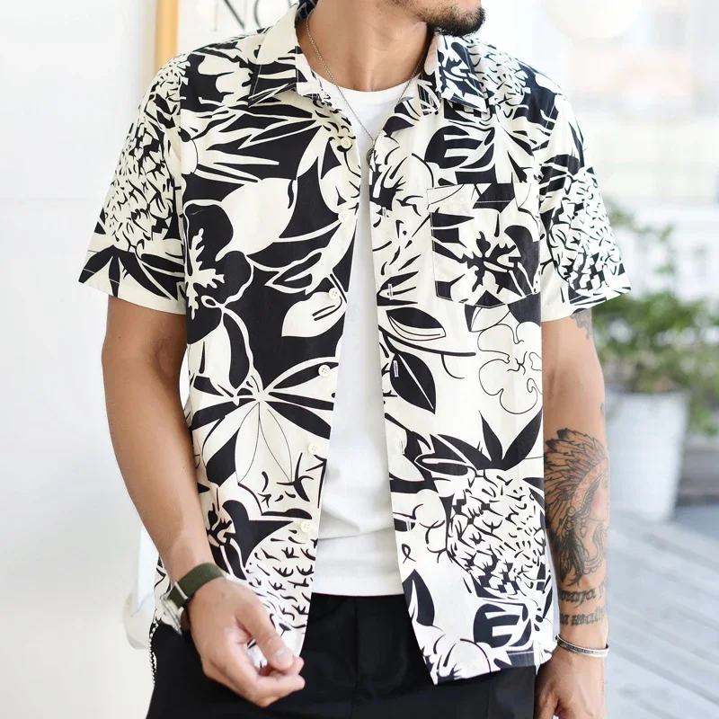 SauceZhan Aloha Shirt Brand Shirts Mens Shirts Vintage Printing Shirt Short Sleeve Casual 100% Cotton Youth