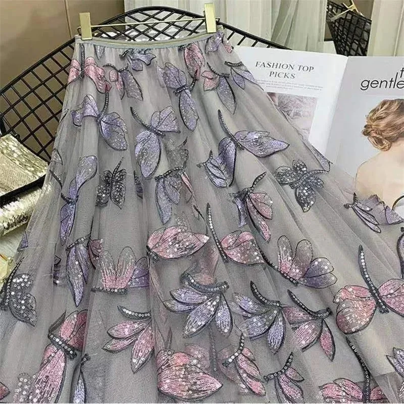 

Летняя женская макси-юбка трапециевидной формы с вышивкой, 2022, высококачественные женские длинные юбки с высокой талией, корейская женская макси-юбка средней длины