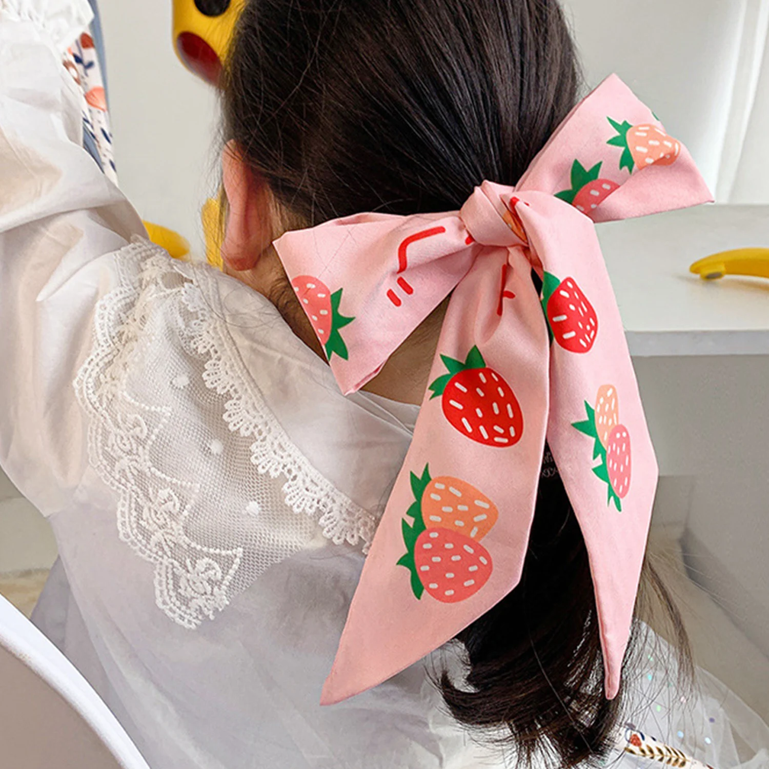 

1 Pc Silk Long Scarf Women Fruit Print Luxury Hairband Narrow Scarves Small Neckerchief Summer Headband Ribbons Female