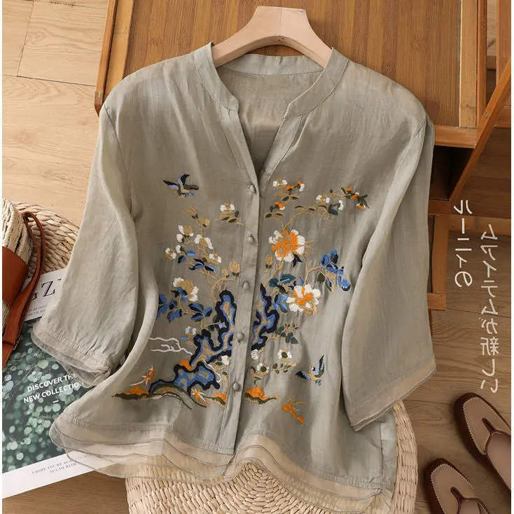 Cotton And Linen Top Women\'s 2024 Summer New Embroidered Cardigan Shirt With Patchwork Buttons V-neck Shirt